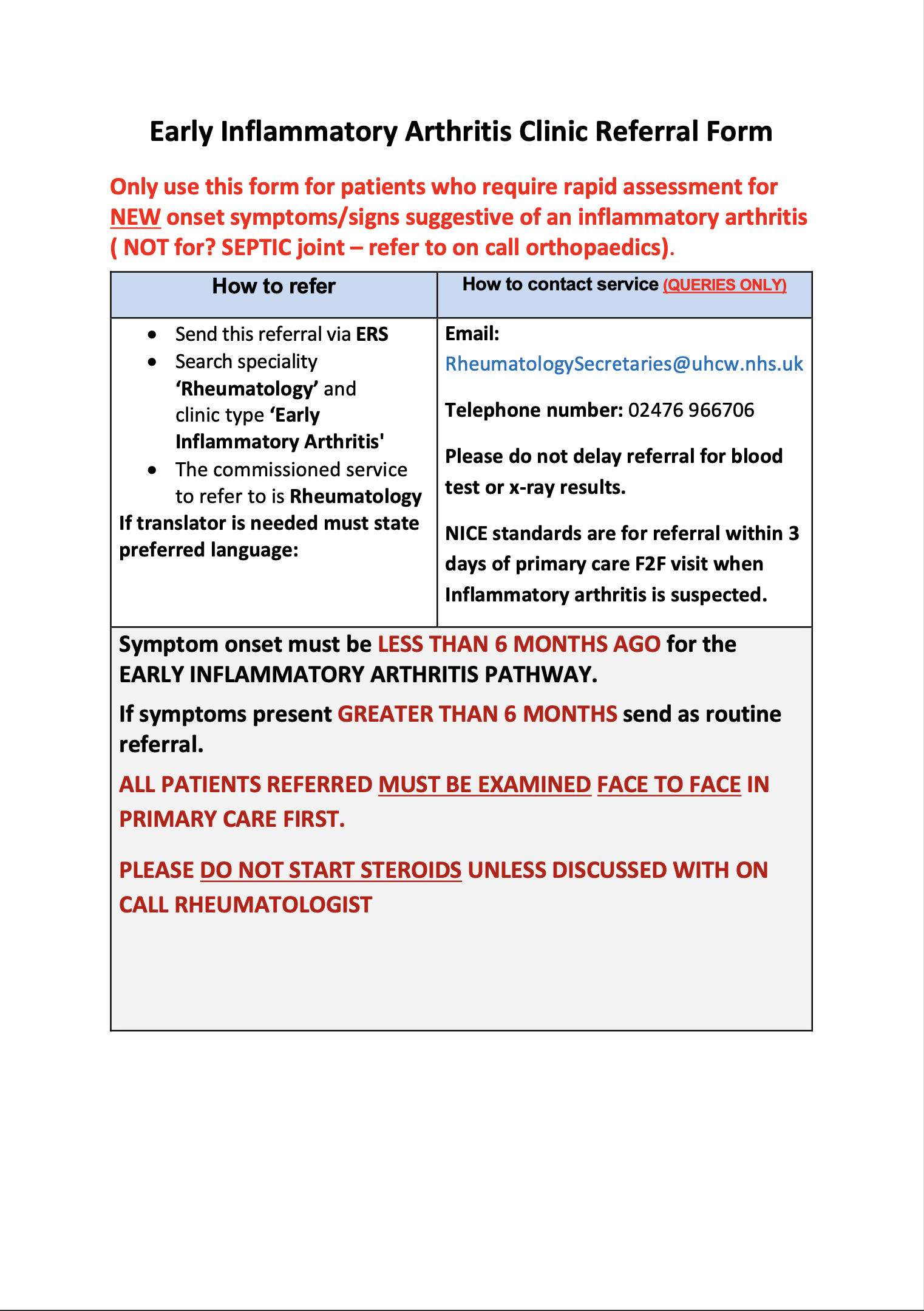 Rheumatology Early Arthritis Clinic GP Gateway